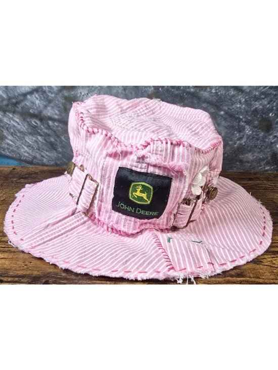 OOAK Handmade Boho Indie Pink John Deere Upcycle Bucket Hat Adjustable M 22\